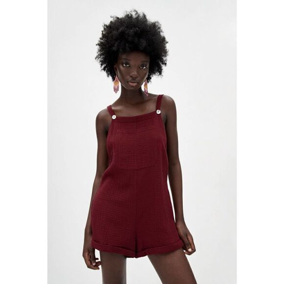 ZARA Textured Overalls Jumpsuit New Burgundy - Picture 1 of 7